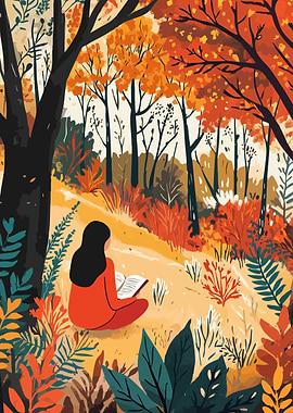 Autumn Reading in the Woods Minimalist Art