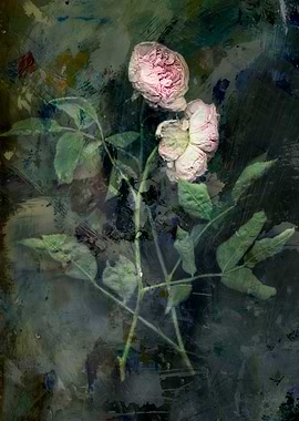 Melancholia. Wilted roses on abstract art canvas.