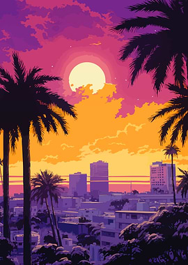 Retro Sunset Cityscape Minimalist Art