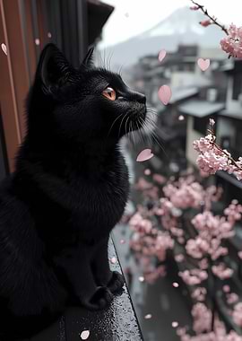 Black Cat and Cherry Blossoms Japanese Landscape