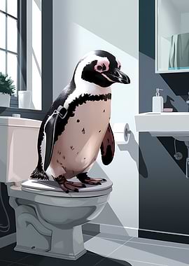 Penguin on Toilet Bathroom Art