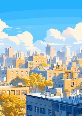 Cityscape with Golden Trees