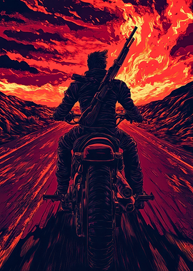 Motorcycle Rider in Red Sky