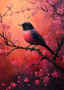 Pink Bird on Cherry Blossom Branch