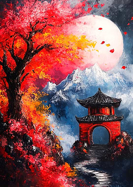 Japanese Pagoda Moonlit Landscape