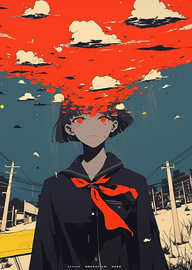 Anime Girl with Red Sky