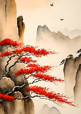 Red Tree in Mountain Landscape