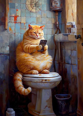 Cat on Toilet with Phone