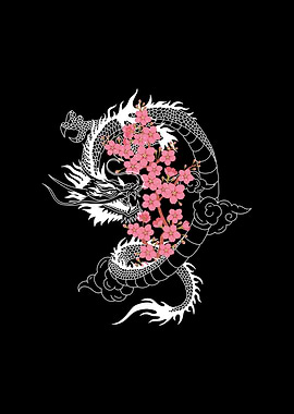 Japanese Dragon with Cherry Blossom Tree Branch Sakura Tree
