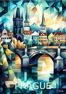 Prague Geometric Skyline Art - Charles Bridge Cityscape