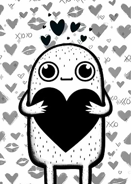 Cute Black & White Monster Valentines Day