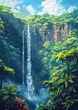 Waterfall in Lush Jungle Pixel Art
