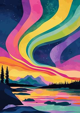 Retro Northern Lights Aurora Landscape