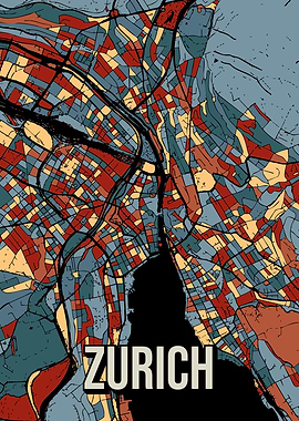 Zurich City Map Travel Art