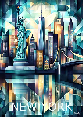 New York Geometric Skyline Art - Statue of Liberty Cityscape