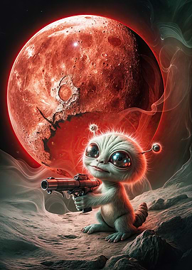 Cute Alien with Gun on Mars