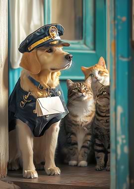 Dog Mailman with Cats
