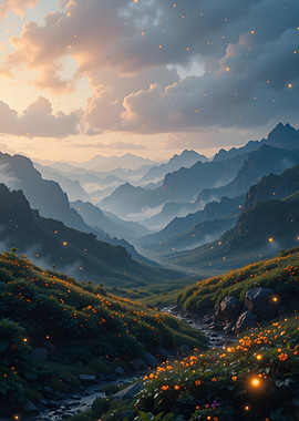 Mountain Valley with Fireflies