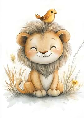 Smiling Lion with Bird