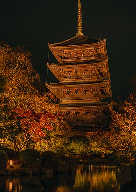 Japanese Pagoda at Night in Kyoto