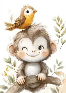 Cute Monkey and Bird