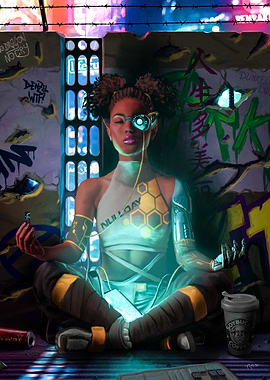 Female POC Elven Cyberpunk Hacker Diving Into The Matrix