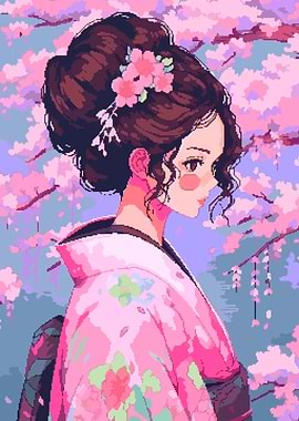 Kimono Anima Girl Sakura Retro Pixel Art