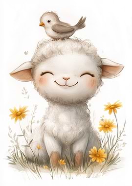 Smiling Lamb with Bird