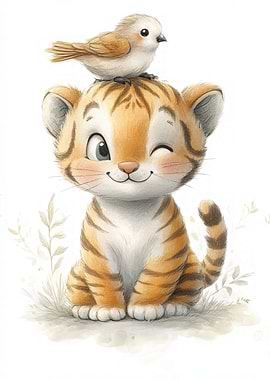 Cute Tiger Cub with Bird