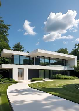Modern White House with Curved Driveway