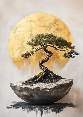Bonsai Tree and Golden Moon
