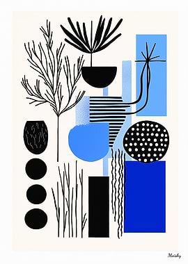 Modern Blue & Black Abstract Botanical Art – Minimal Decor