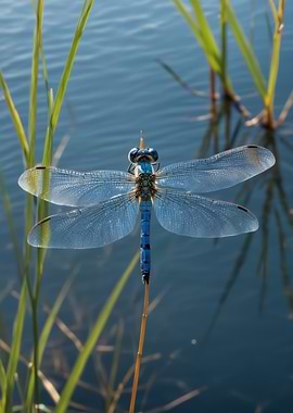 Blue Dragonfly on a Reed
