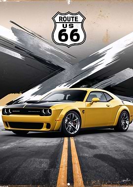 Yellow Dodge Challenger on Route 66