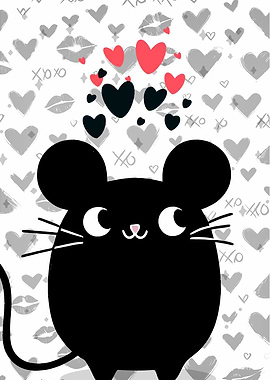 Cute Black Mouse Valentines Hearts
