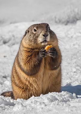 Groundhog Eating in Snow