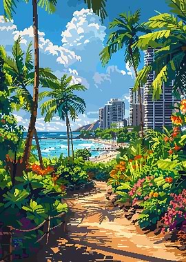 Tropical Waikiki Hawaii Beach Path Pixel Art