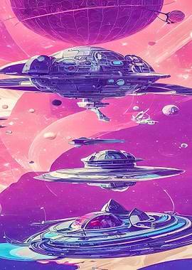 Spaceship Fleet in Purple Nebula