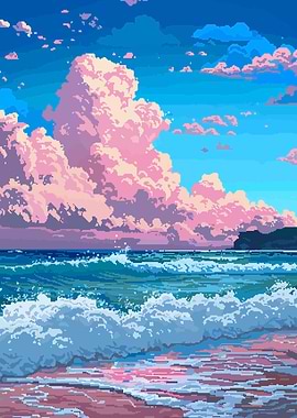 Retro Hawaii Beach Sunset Pixel Art