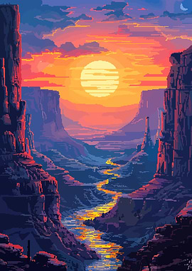 Retro Pixel Art Sunset Grand Canyon