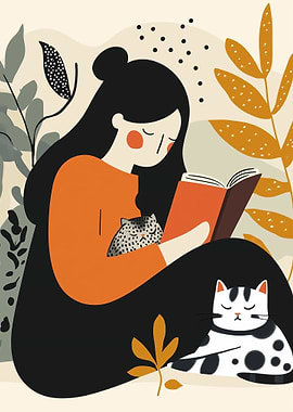 Woman Reading with Cats