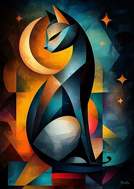 Modern Cubism Cat and moon – Abstract Geometric Feline Art