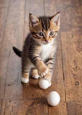 Kitten Playing with Eggs