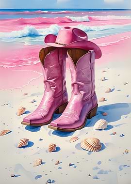 Pink Cowboy Boots Hat on Beach