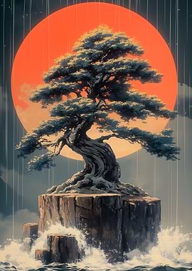 Bonsai Tree Under Red Moon Japanese Landscape