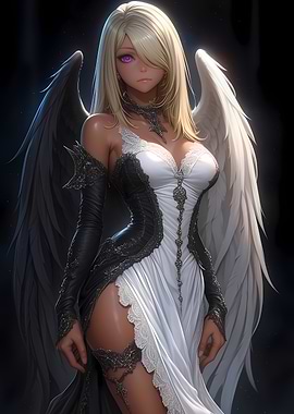 Angel with Black and White Wings anime Girl