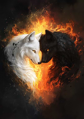 White and Black Wolves in Flames