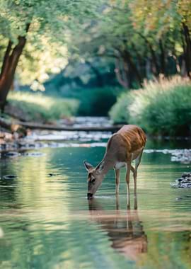Deer Drinking from Stream