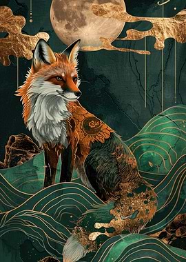 Kitsune Fox Under the Moon Kintsugi Art Print