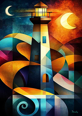 Modern Cubism Lighthouse Poster – Abstract Geometric Coastal Art